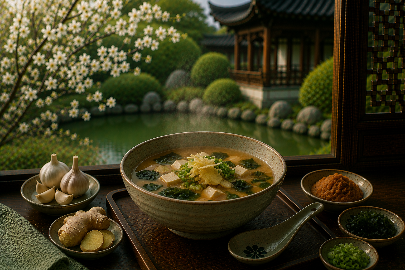 Gember-knoflook miso soep met zwarte sesam