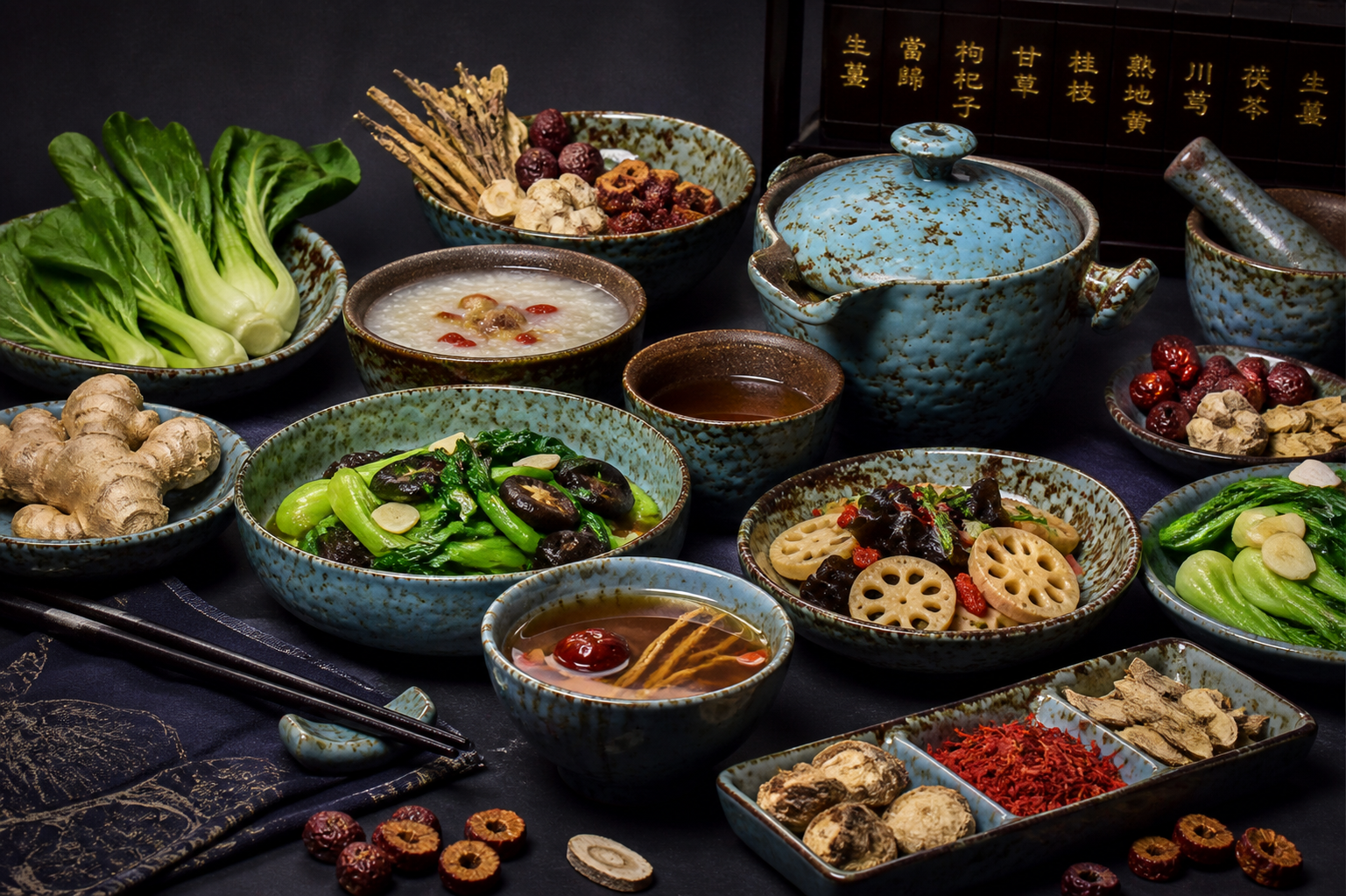 Chinese tafelsetting met TCM kruiden, groenten en medicinale voeding